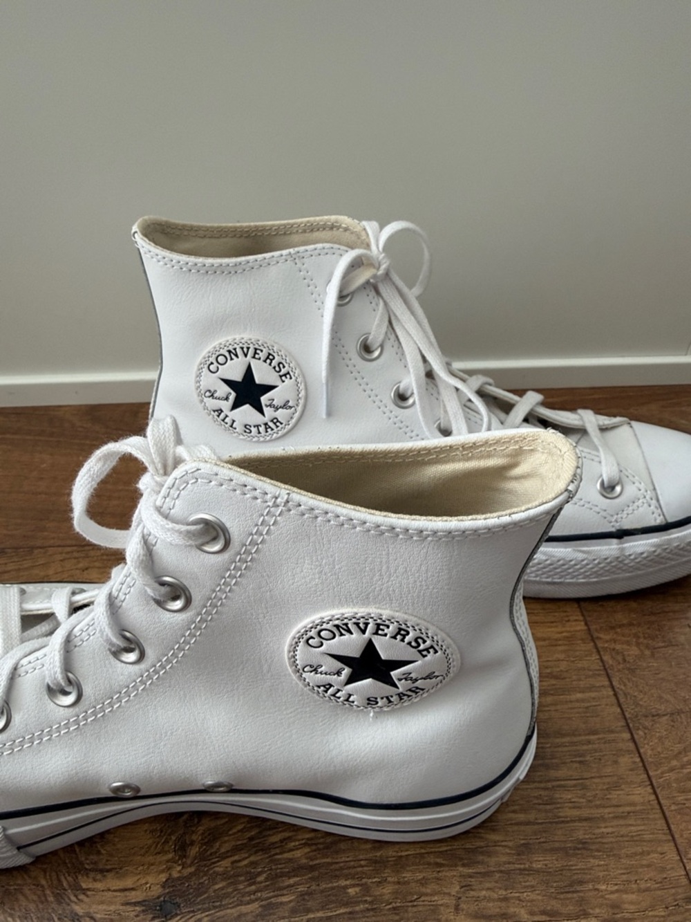 Converse White High Top Sneakers with Black Trim - Picture 2 of 7
